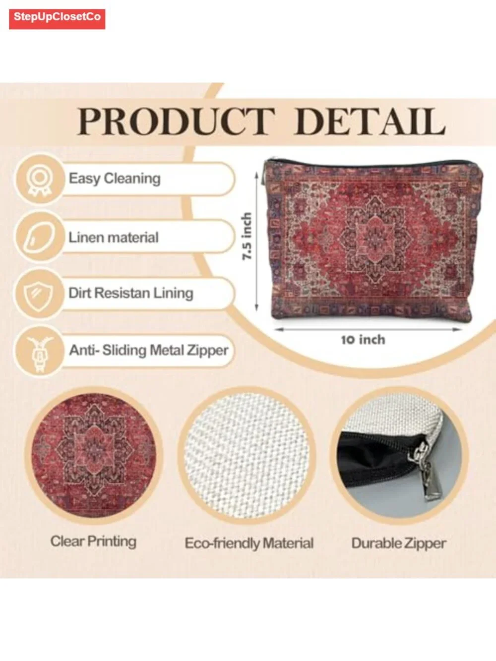 Linen Makeup Bag Vintage Ethnic Pattern Cosmetic Pouch Boho Tapestry Travel Case